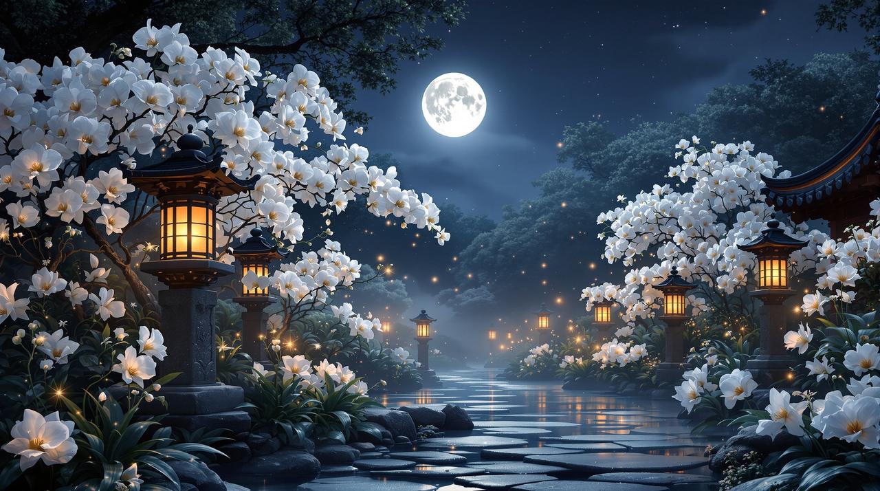 优优漫画 - 月光下的兰花庭院，静谧优雅的氛围
